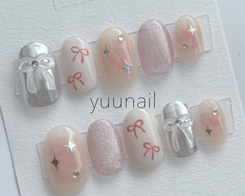 No.171 ネイルチップ ガーリーネイル リボンネイル Y2K 韓国 チーク