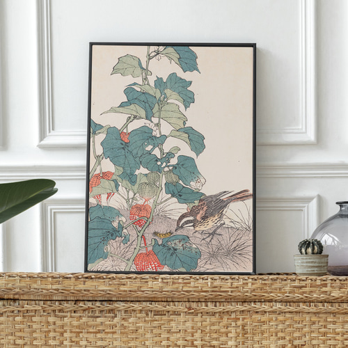 鬼灯と雀の花鳥図日本画アートポスター☆和モダン浮世絵和室 鬼灯と雀の花鳥図日本画アートポスター☆和モダン浮世絵和室