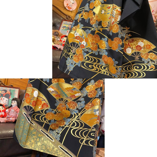 和洋折衷 黒留袖 着物 リメイク ワンピース ドレス 洗える 化繊 扇 松