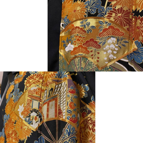 和洋折衷 黒留袖 着物 リメイク ワンピース ドレス 洗える 化繊 扇 松