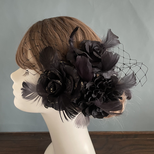 髪飾り ヘッドドレス ブラック 羽根 結婚式 成人式 卒業式 前撮り