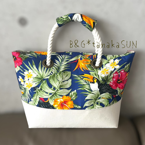 夏らしいデザイン☆ロープバッグ持ち手カバー付き☆たくさん入ります