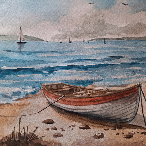 水彩画 波静かな海岸 絵画 makochin 通販 18008152|Creema 水彩画 波静かな海岸 絵画 makochin 通販 18008152|Creema