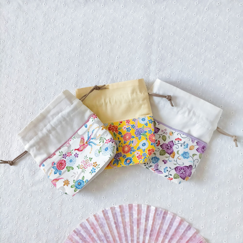 沖縄紅型 巾着ポーチ 鳳凰 オフホワイト×オフホワイト 和装に