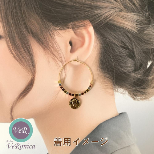メダルスクエアビーズフープピアス ハンドメイド ゴールド おしゃれ