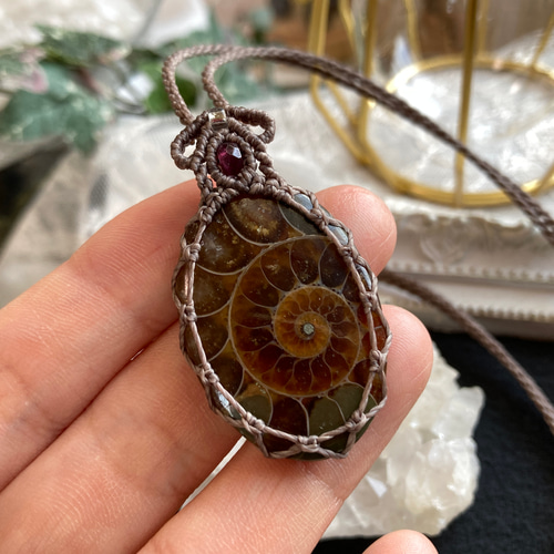 アンモナイトのネックレス（マクラメ） アンモナイト（ダークブラウンカラー） マクラメ編みネックレス