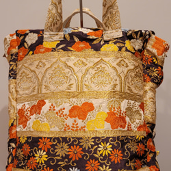 【帯リメイク】和風刺繍のリュック・バックパック 帯リメイクリュック 黒地刺繍❁⃘*.ﾟ ハンドメイド 着物リメイク