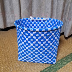 PPバンドかご(模様編み はけご 大)収穫かご、プラカゴ 模様b-青-白