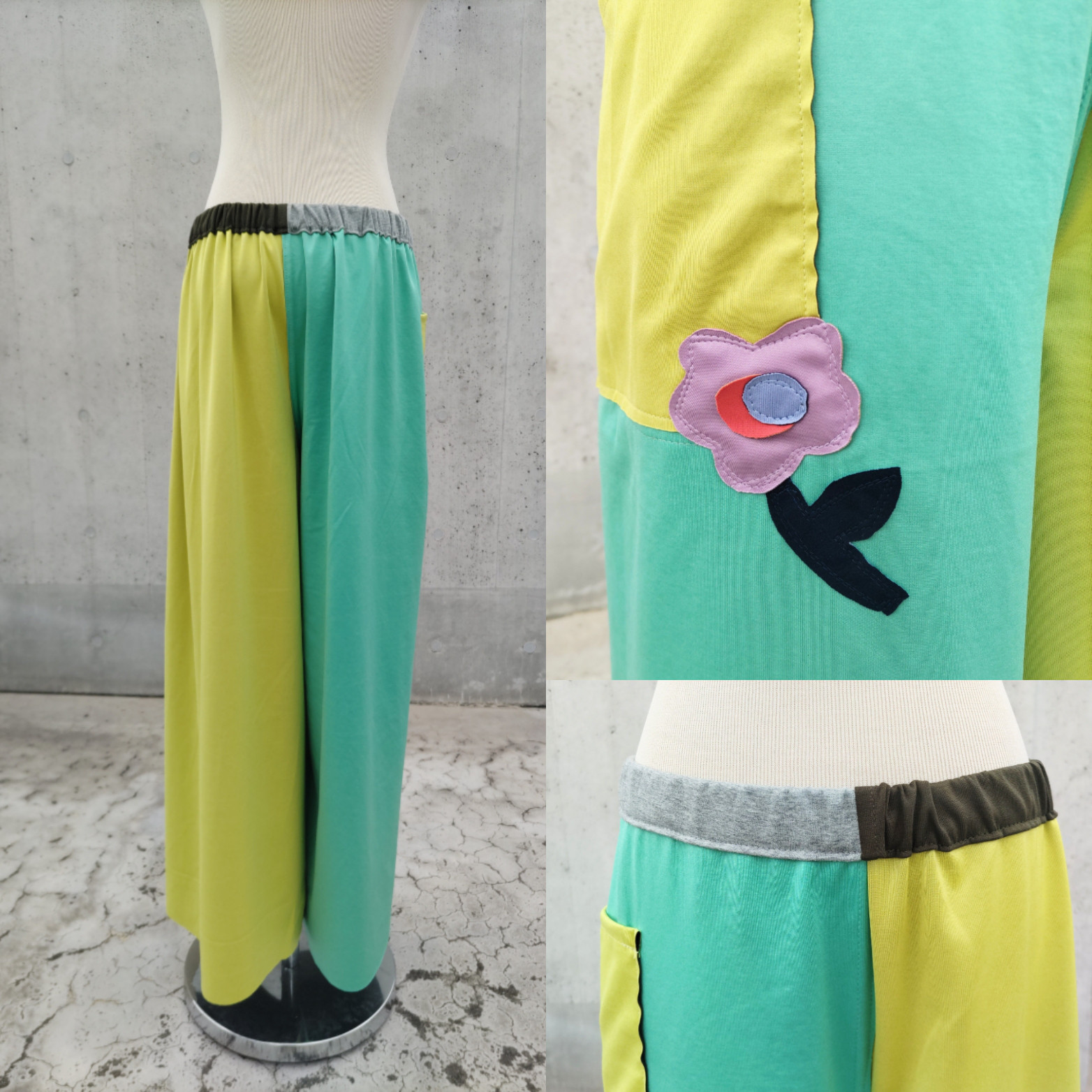 ★グレー杢×カーキーとライムグリーン×グリーン　リバーシブルパンツ　お花アップリケ　ウエストとパンツ丈オーダー可 9,600円