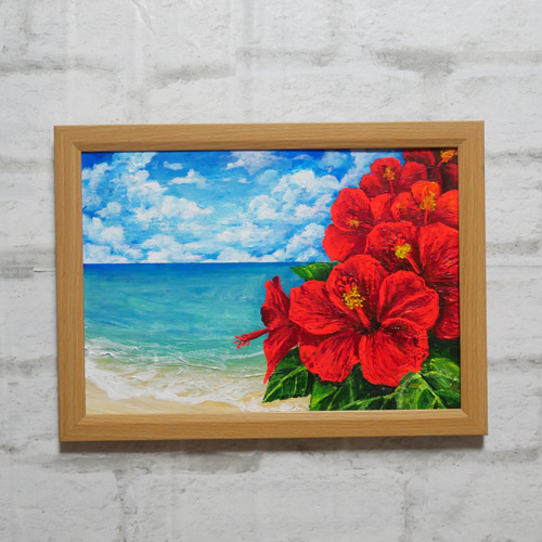 油絵 油彩 油彩画 絵 絵画 【ハイビスカスと海】 絵画 HR 通販