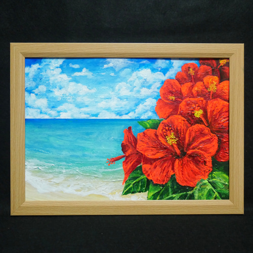 油絵 油彩 油彩画 絵 絵画 【ハイビスカスと海】 絵画 HR 通販