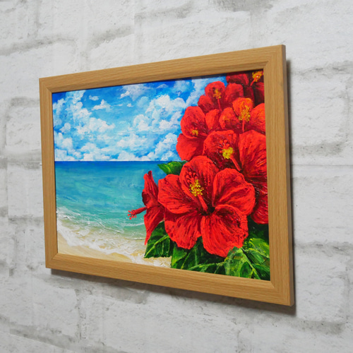 油絵 油彩 油彩画 絵 絵画 【ハイビスカスと海】 絵画 HR 通販