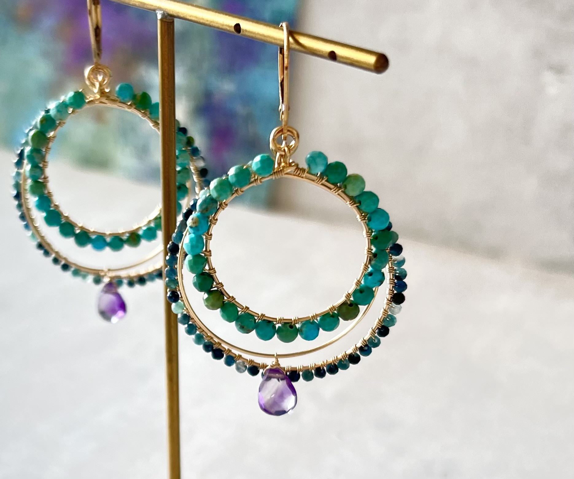 【再販】フープ 着せ替えチャーム/ピアス/イヤリング【ターコイズ＆アメジスト＆トルマリン】14kgf エスニック