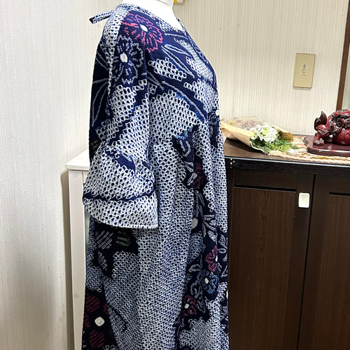 ★着物リメイク★ 有松鳴海絞り　浴衣　フレア袖のゆったりワンピ 有松鳴海絞り 6柄 ワンピース フレア袖 後ろ開きリボン ハイ
