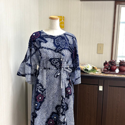 有松絞り ワンピース M~L パフスリーブ 綿 着物リメイク 浴衣 有松絞り ワンピース M~L パフスリーブ 綿 着物リメイク 浴衣