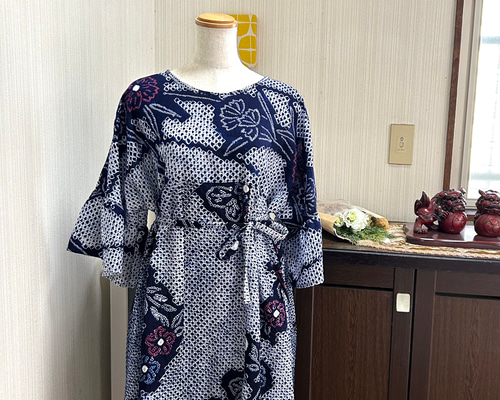 うめ　有松絞りリメイク、有松絞りテントワンピース、浴衣よりフレアワンピース 有松鳴海絞り 6柄 ワンピース フレア袖 後ろ開きリボン ハイ