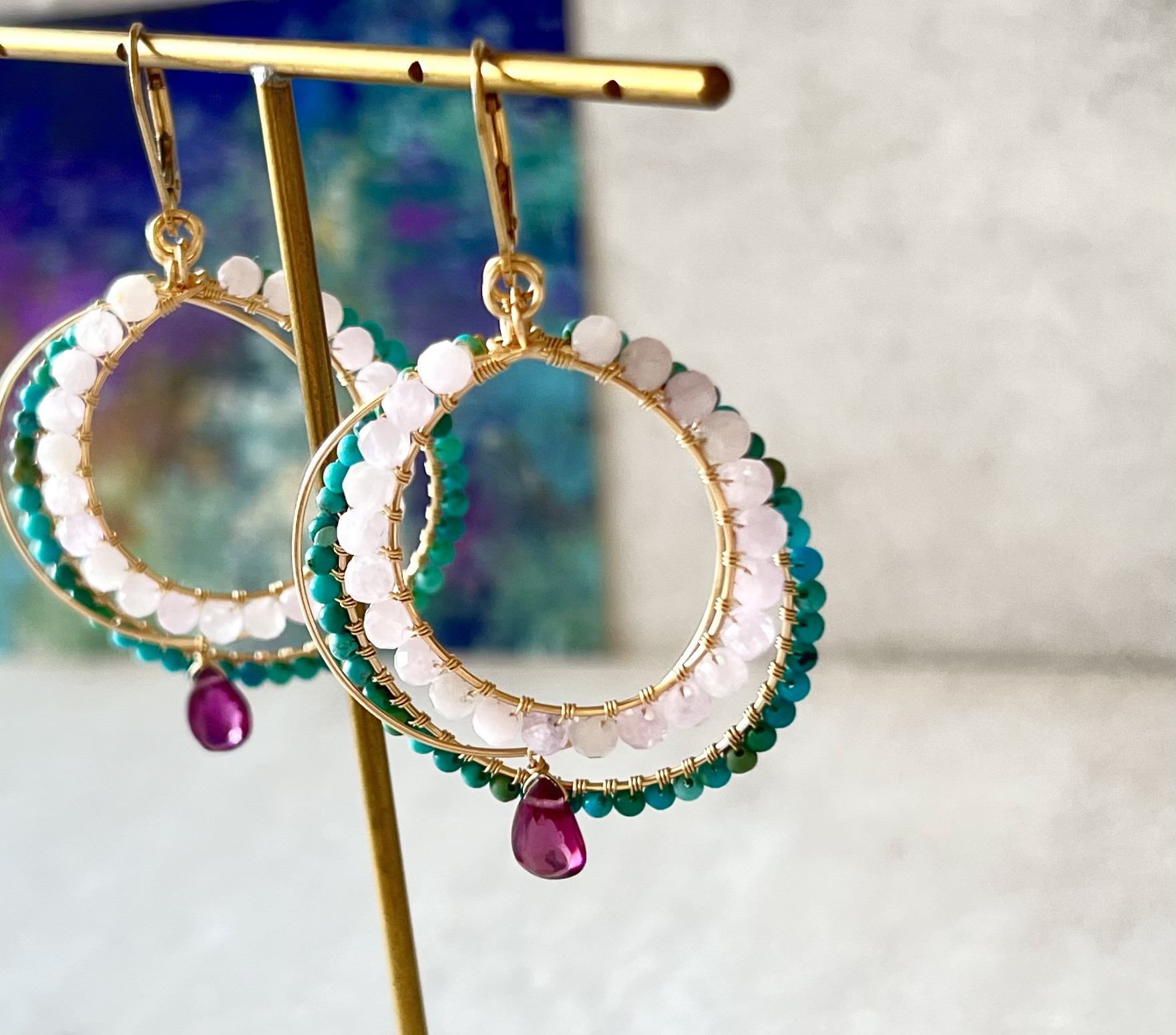 【再販】フープ 着せ替えチャーム/ピアス/イヤリング【クンツァイト＆ガーネット＆ターコイズ】14kgf エスニック