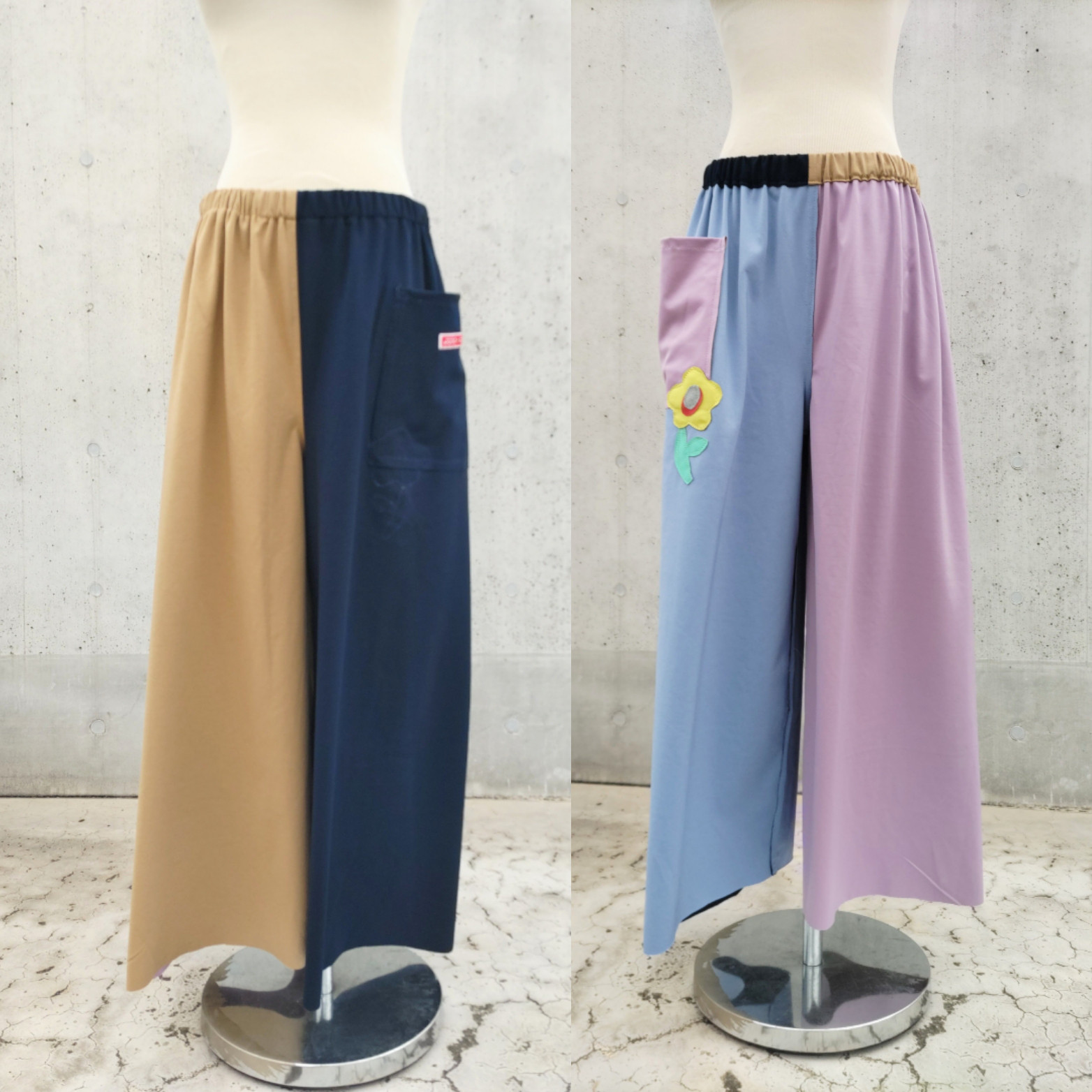 ★ベージュ×紺とブルー×ライラック　リバーシブルパンツ　お花アップリケ　ウエストとパンツ丈オーダー可