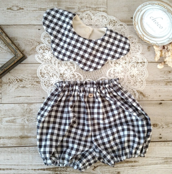 まんまるスタイ&カボチャパンツ(モノクロチェック)