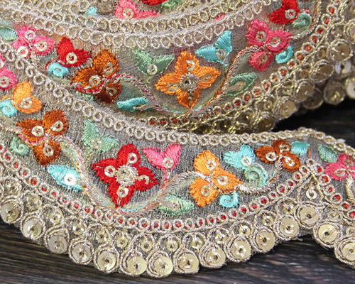 vintage　なみなみお花の刺繍　リボン　パフスリーブ袖　ネグリジェ　ガウン なみなみ1個単位】インド 刺繍 リボン レース：なみなみ 花
