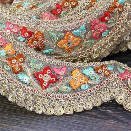 なみなみ1個単位】インド 刺繍 リボン レース：なみなみ 花（IRL164