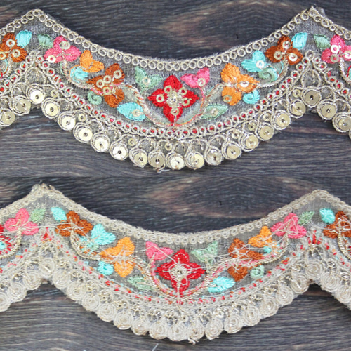 なみなみ1個単位】インド 刺繍 リボン レース：なみなみ 花
