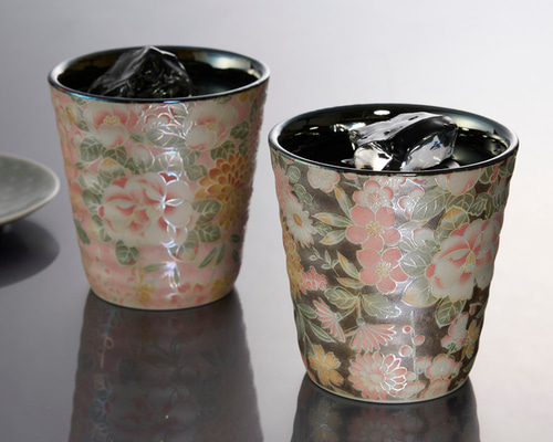 HYC-7007A 光友禅 ペアカップ【日本製 美濃焼】ロック 花柄 ラスター