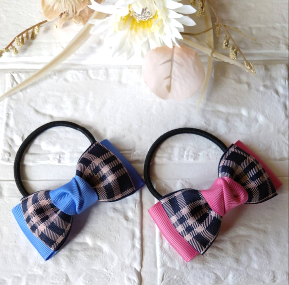 かわいいチェック柄◇リボン◇ヘアゴム◇ヘアアクセサリー ヘアゴム