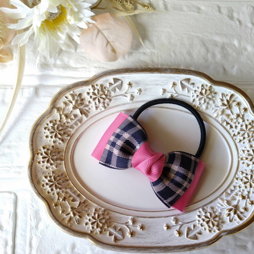 かわいいチェック柄◇リボン◇ヘアゴム◇ヘアアクセサリー ヘアゴム