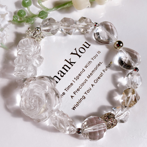 大粒水晶薔薇王冠天使ちゃんキラキラリボン天然石ブレスレット  