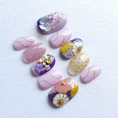 オーダーネイルチップ 紫 成人式 卒業式 結婚式 フォトウェディング 袴  