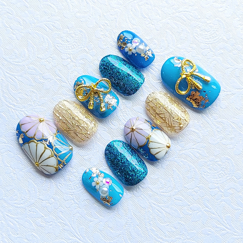 サイズオーダーネイルチップ 卒業式 成人式 振袖 袴 ブライダル 水色