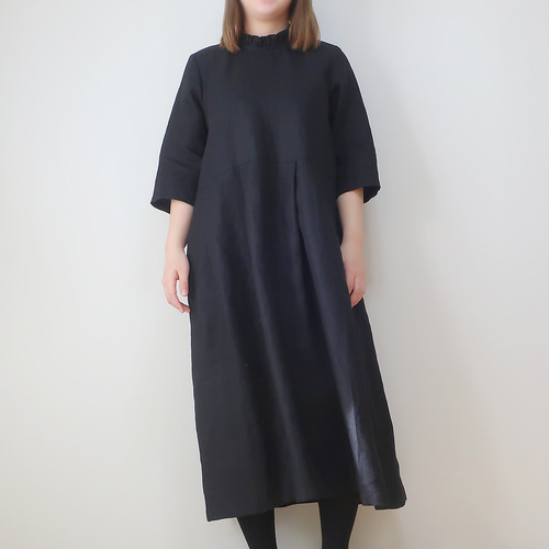 M～L,LL～3L 麻 フォーマル対応 フリル襟ワンピース 入・卒業式・法事