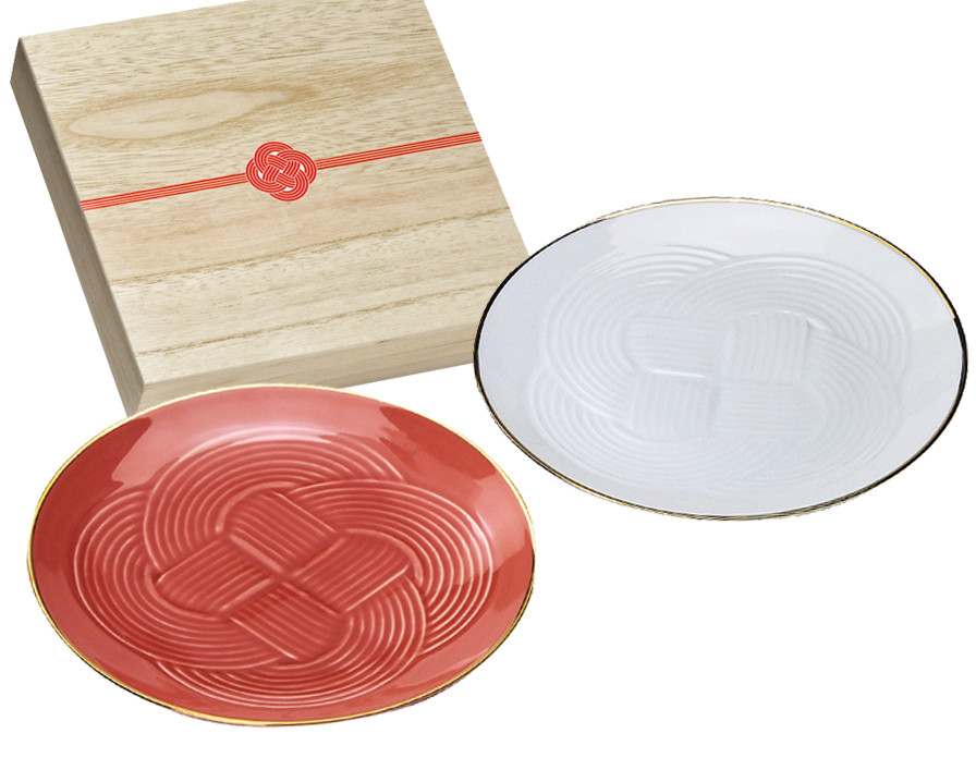 ODA03-5005B　結　組皿揃　木箱入【日本製　美濃焼】（磁器　水引　迎春　紅白　祝い　ギフト）