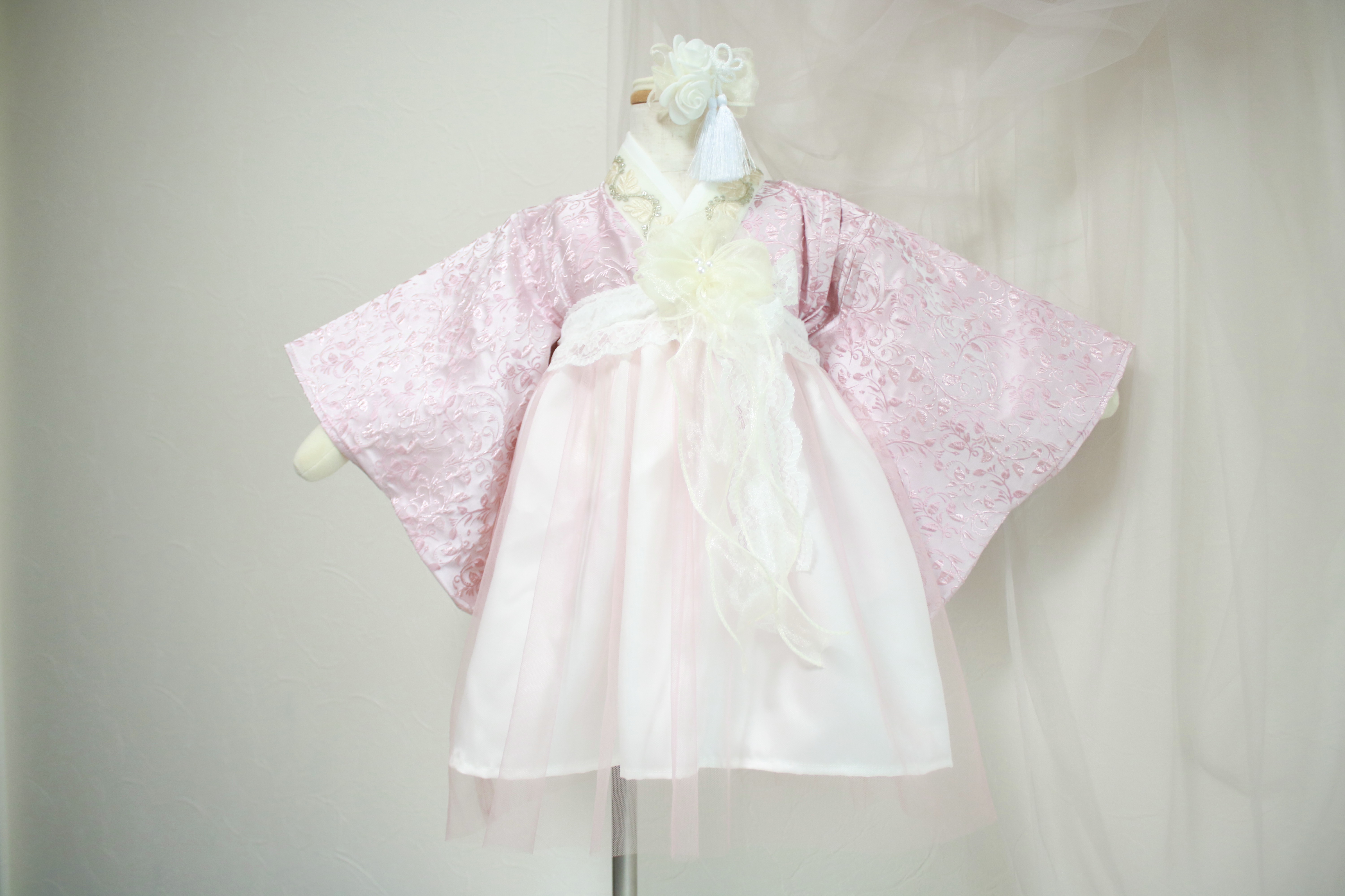 新作　袴ドレス　コーラルピンク　ジャガード生地　ベビー袴　お食い初め　初節句　浴衣　ひな祭り