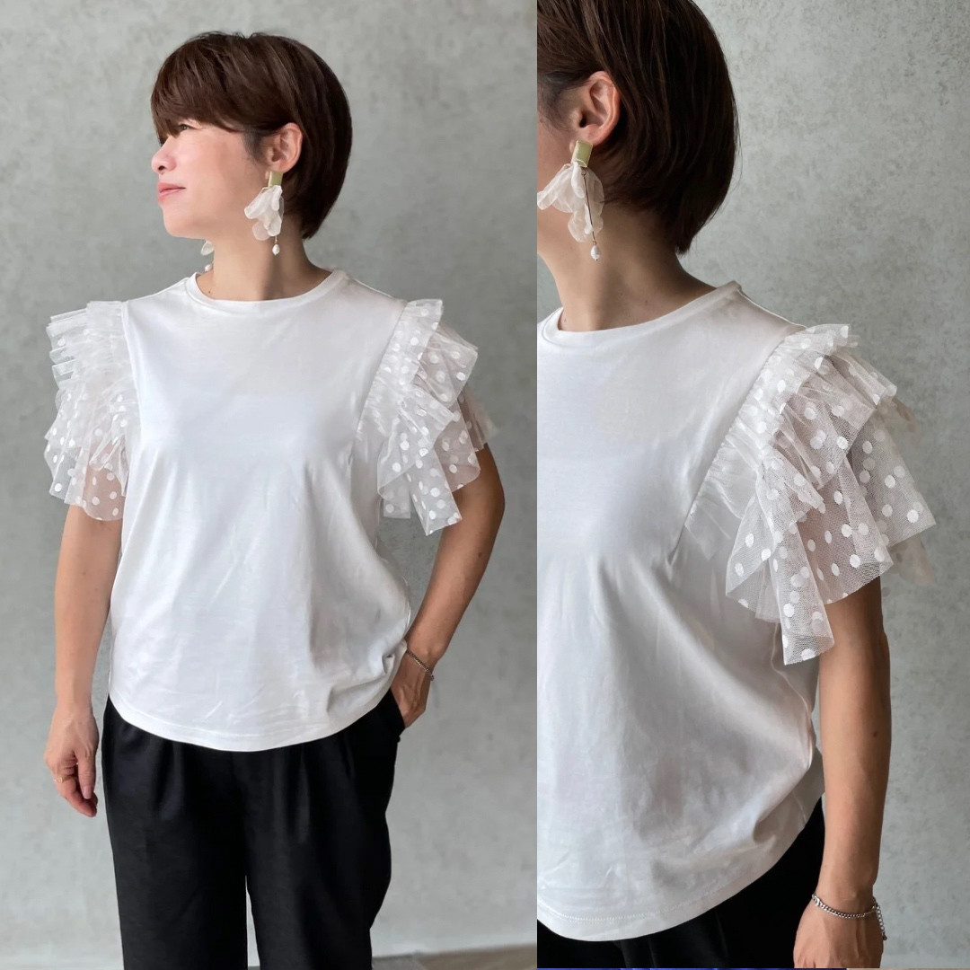 小柄S■涼さら【ゆったり着痩せ】360℃大人可愛い♡ドットチュール袖コットンTシャツ 白■KMC-741 499758