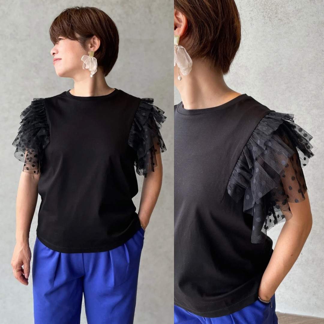 小柄S■涼さら【ゆったり着痩せ】360℃大人可愛い♡ドットチュール袖コットン 黒 KMC-741 741869