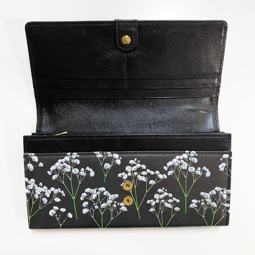 夜のかすみそう柄』押し花レザーかぶせ長財布【10日以内に発送】 長
