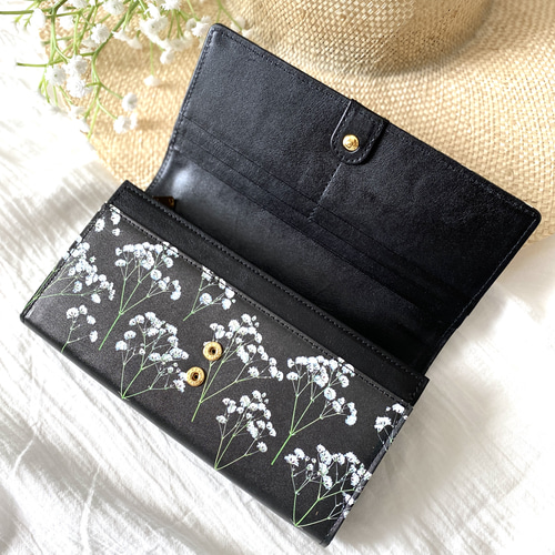 夜のかすみそう柄』押し花レザーかぶせ長財布【10日以内に発送】 長