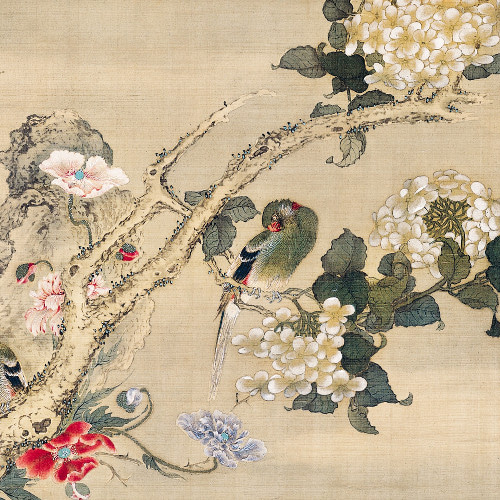 インコと紫陽花の日本画絵画アートポスター☆風景牡丹梅雨夏和室和柄