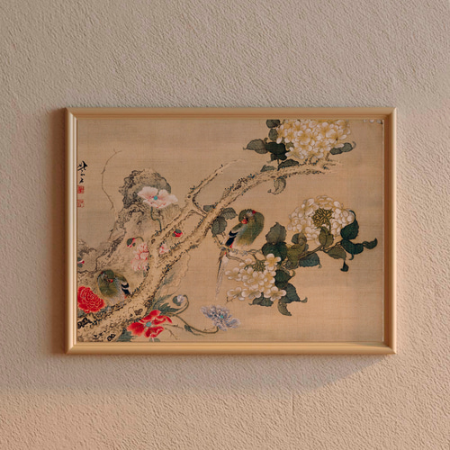 インコと紫陽花の日本画絵画アートポスター☆風景牡丹梅雨夏和室