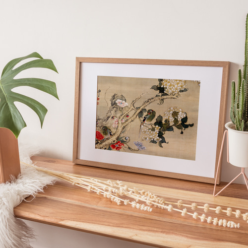 インコと紫陽花の日本画絵画アートポスター☆風景牡丹梅雨夏和室