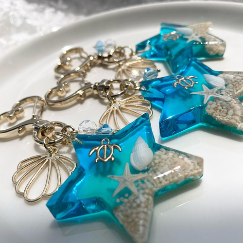 キーホルダー 海のチャーム 星 海 チャーム 透明感 貝がら ヒトデ 星の