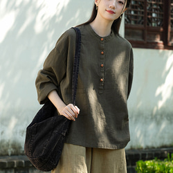 砂洗い亞麻Tシャツ #8263緑色 4枚目の画像