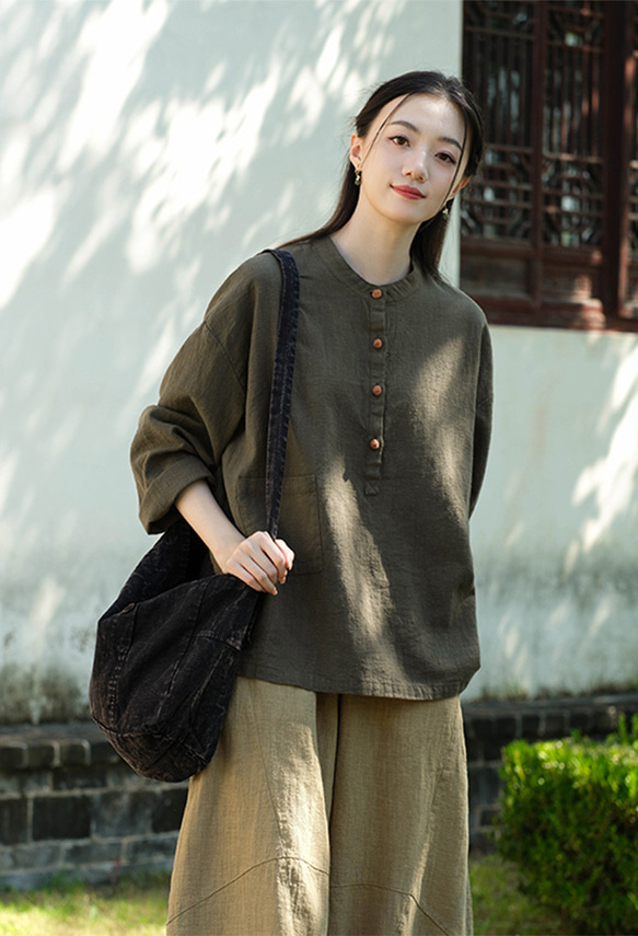 砂洗い亞麻Tシャツ #8263緑色 4枚目の画像