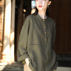 砂洗い亞麻Tシャツ #8263緑色 1枚目の画像