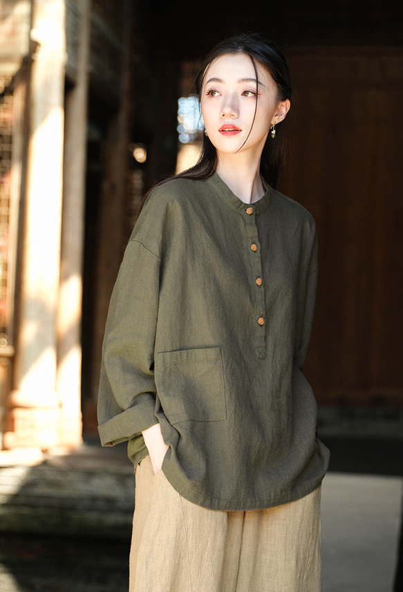 砂洗い亞麻Tシャツ #8263緑色 1枚目の画像