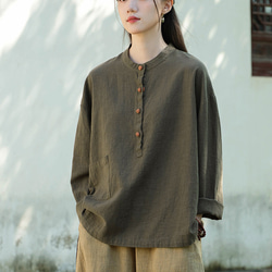 砂洗い亞麻Tシャツ #8263緑色 5枚目の画像