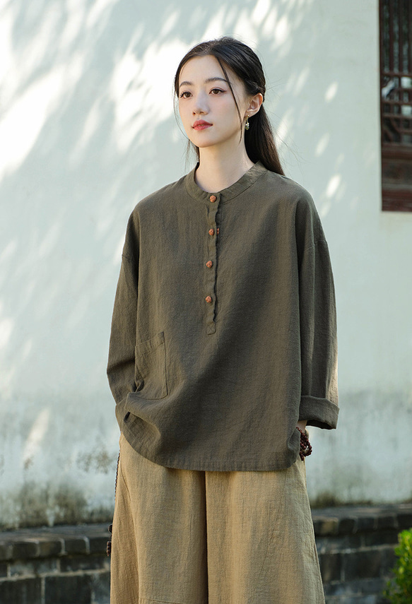 砂洗い亞麻Tシャツ #8263緑色 5枚目の画像