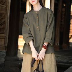 砂洗い亞麻Tシャツ #8263緑色 2枚目の画像